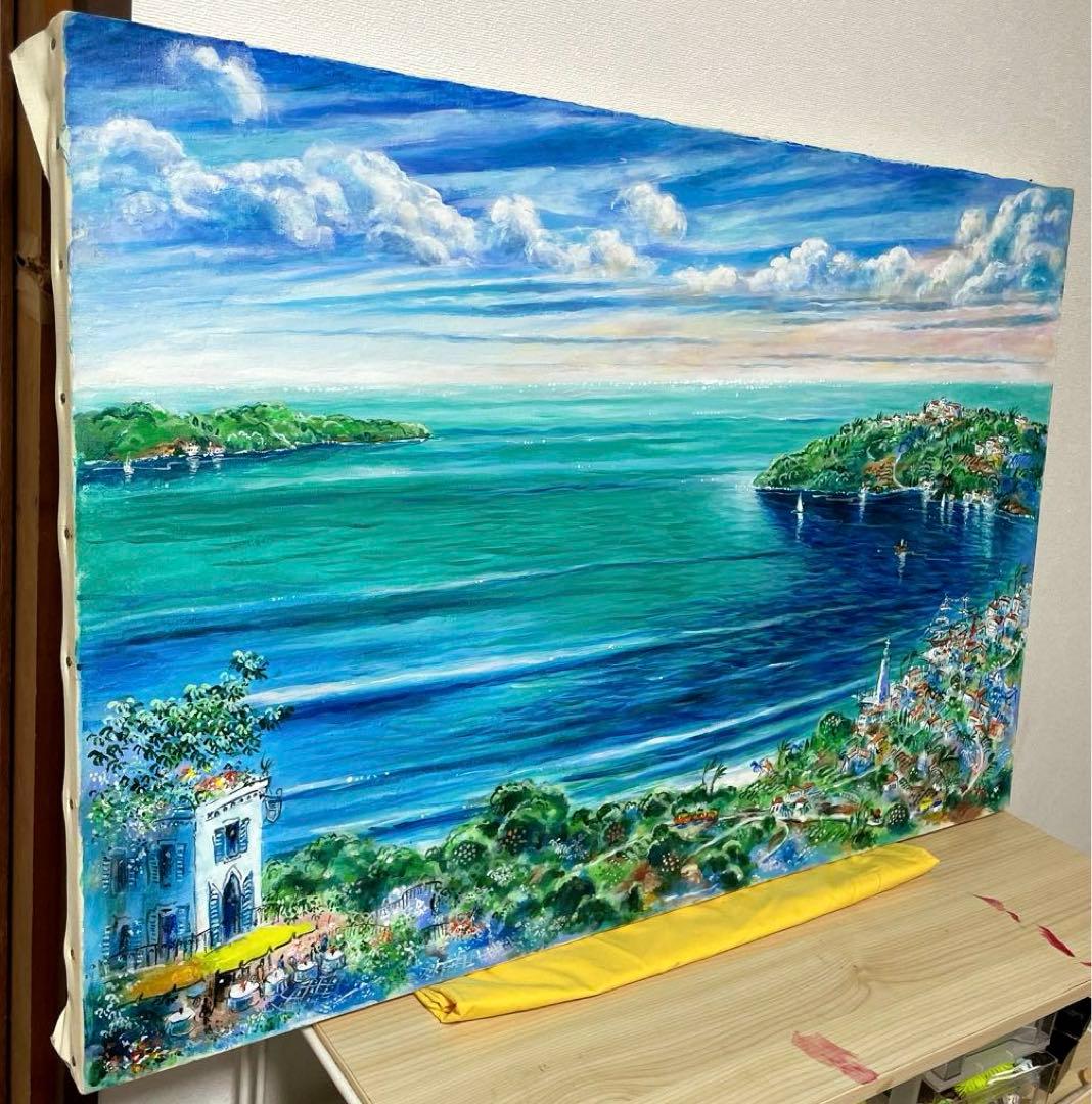 平野琳人『帆船のいる港』油彩 原画 M30 大作傑作 平野オリジナル額装