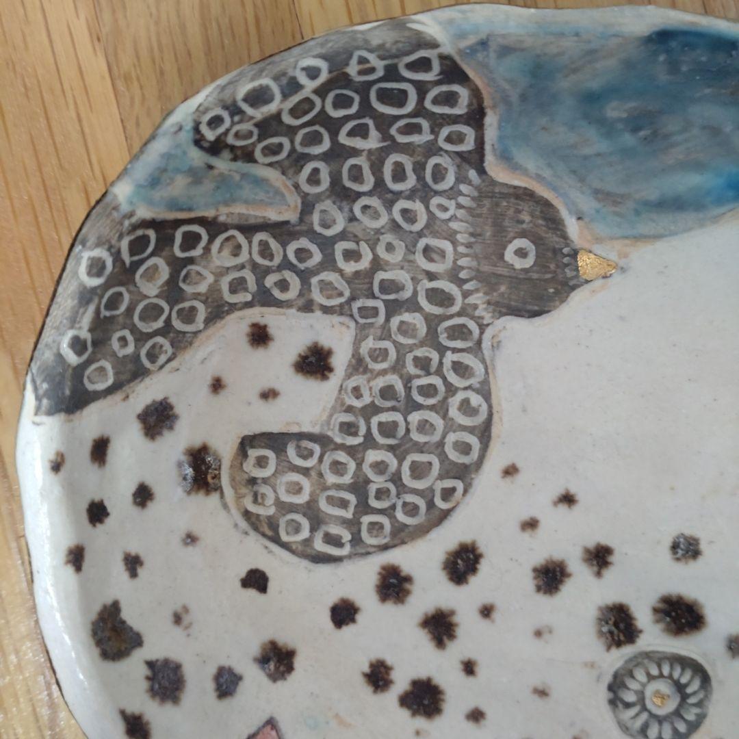 鳥と花の陶器皿 楕円形　ミシャコシャ