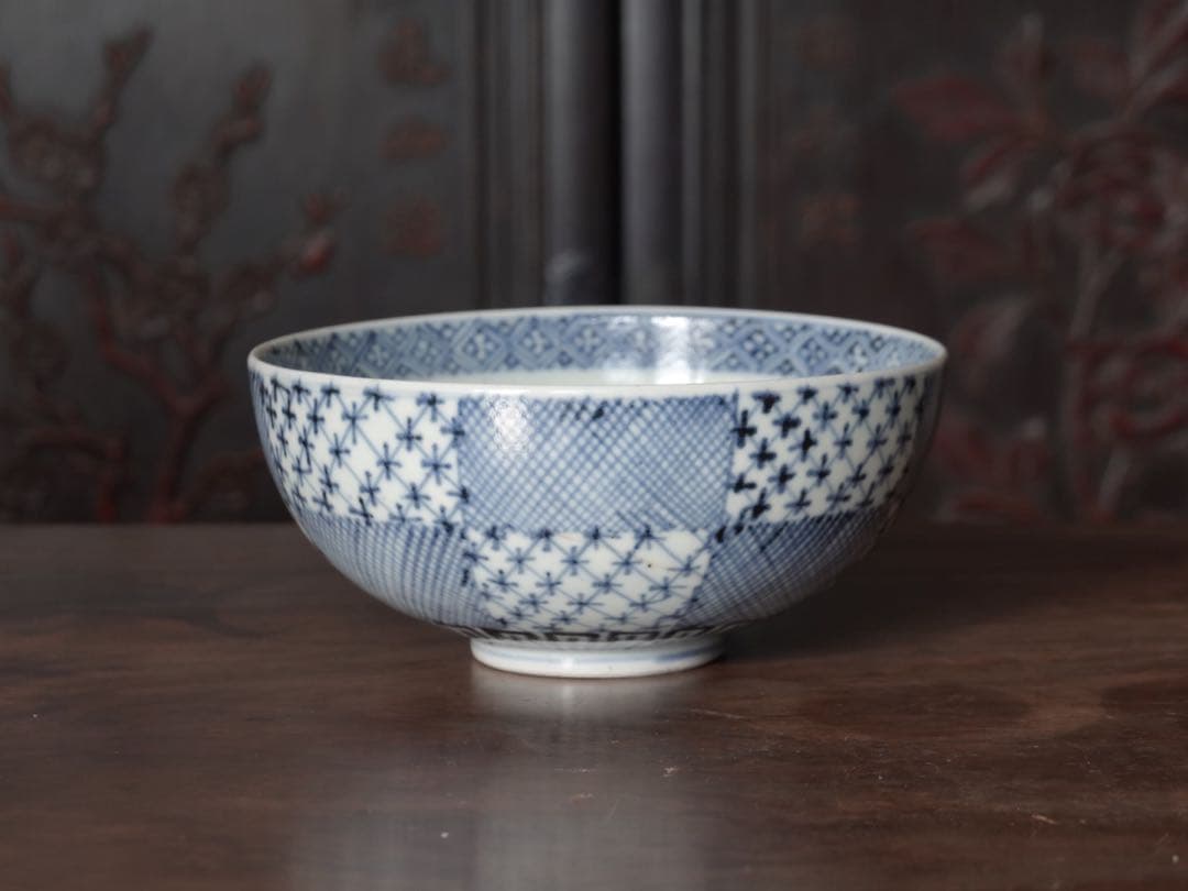 送料無料　江戸中期〜後期　古伊万里　染付　市松紋　鉢　盛鉢　菓子器　ボウル
