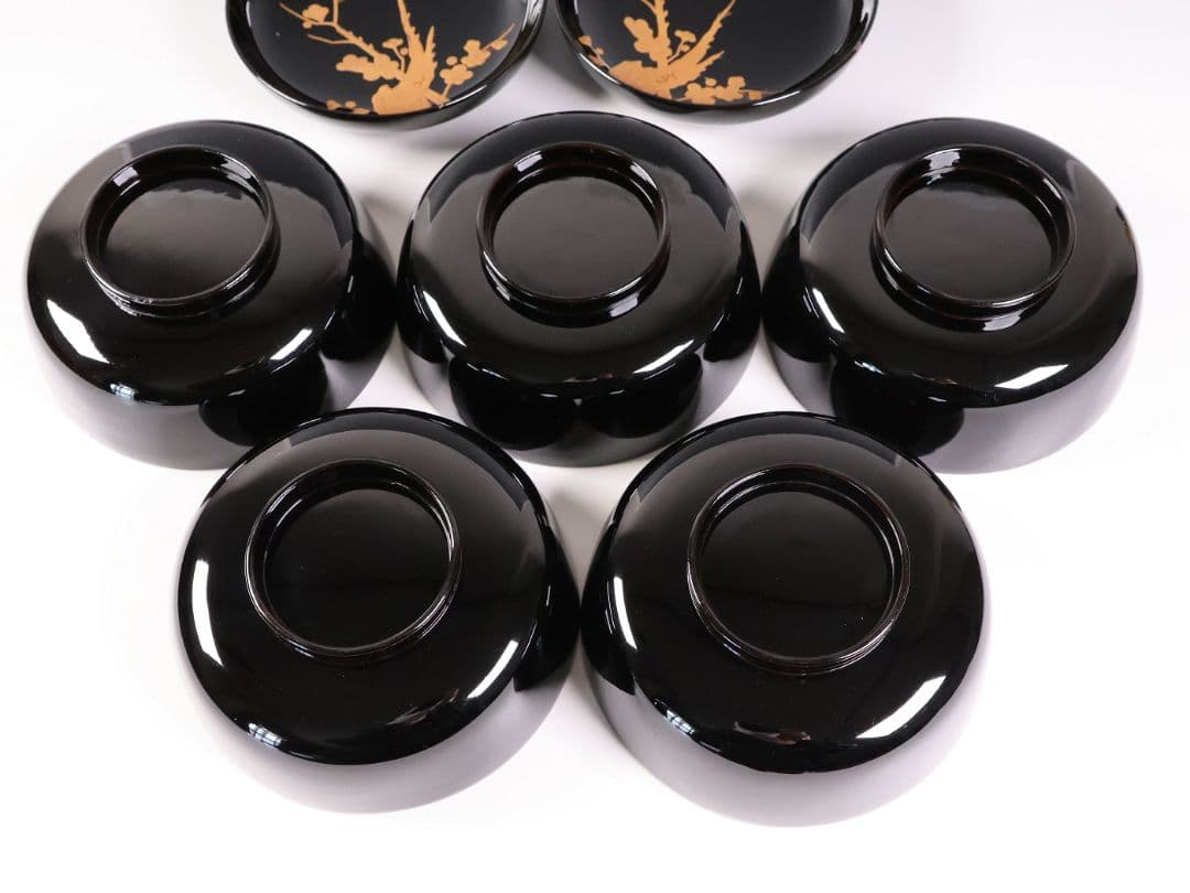 【CM416】訳あり 天然木漆塗 月と梅 福寿草 金蒔絵 黒塗椀 五客 大正昭和