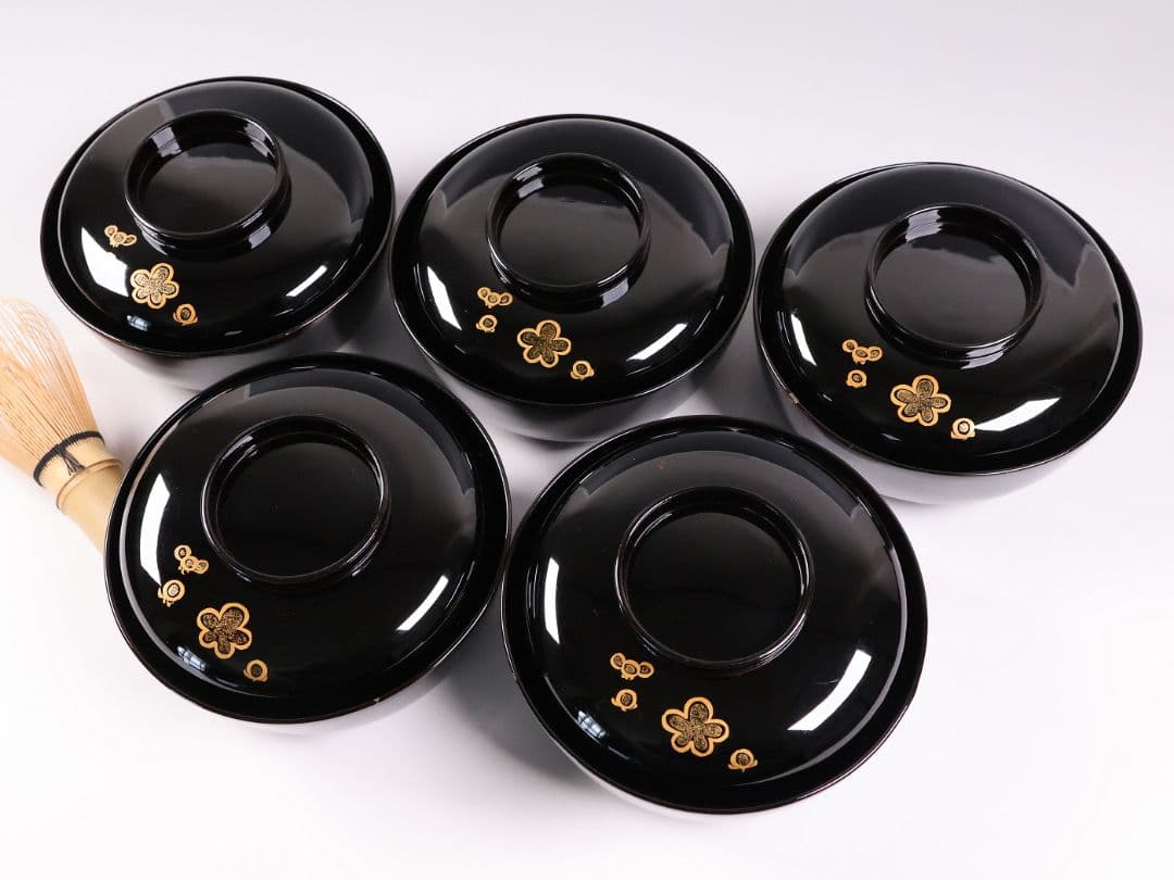 【CM416】訳あり 天然木漆塗 月と梅 福寿草 金蒔絵 黒塗椀 五客 大正昭和