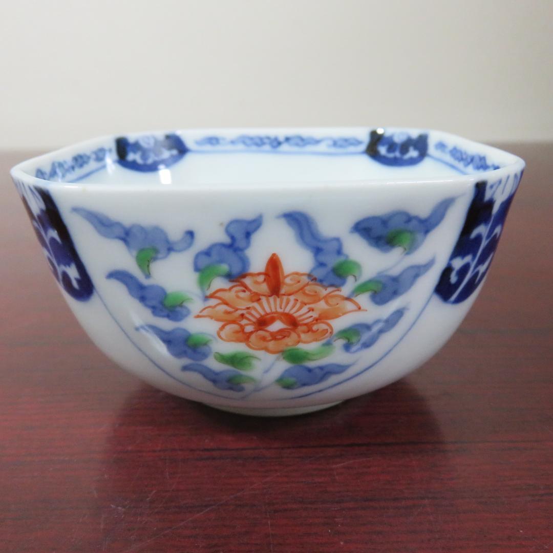 四角向付 5客 草花文様 染付 色絵付 明治 大正 蔵出し