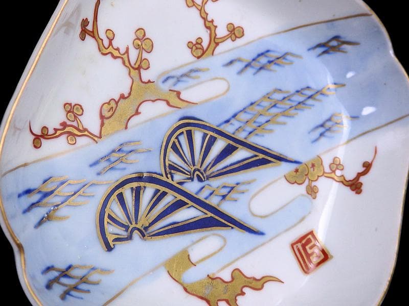 古伊万里　染錦　青海波に梅の図　菱形変形皿　５客　534AS-DBf