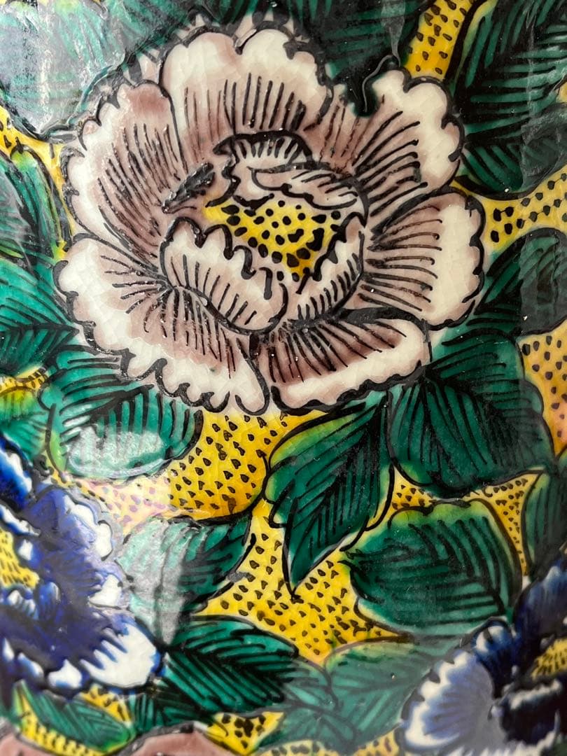 九谷焼　花瓶　手描き　骨董　角福　牡丹　花模様　美品