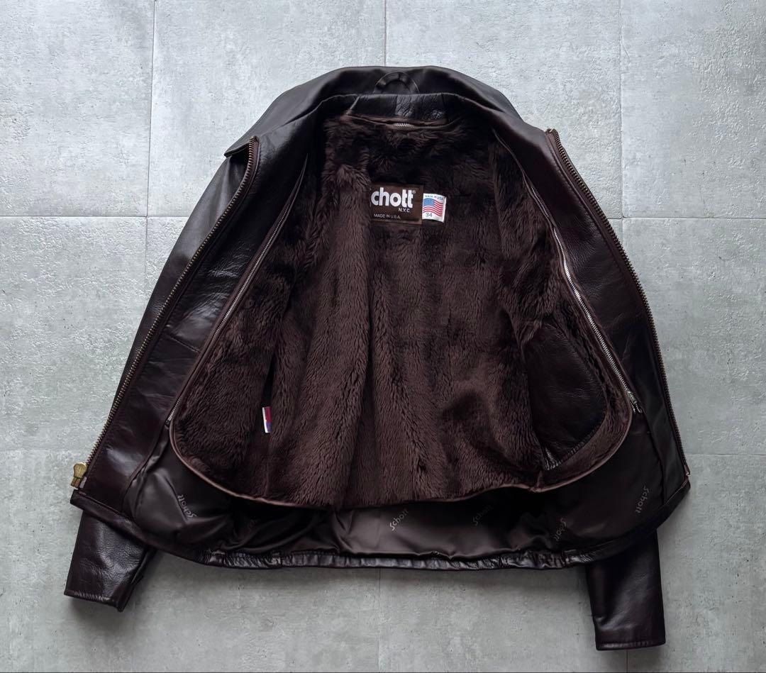 Schott 643EVS 襟付きシングルライダース ダークブラウン サイズ34