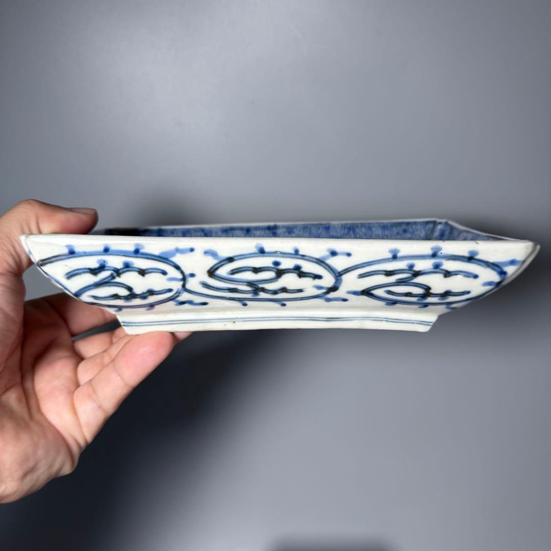 古伊万里　染付　微塵唐草　長皿　五枚　裏唐草文　名品　古美術　1700年代