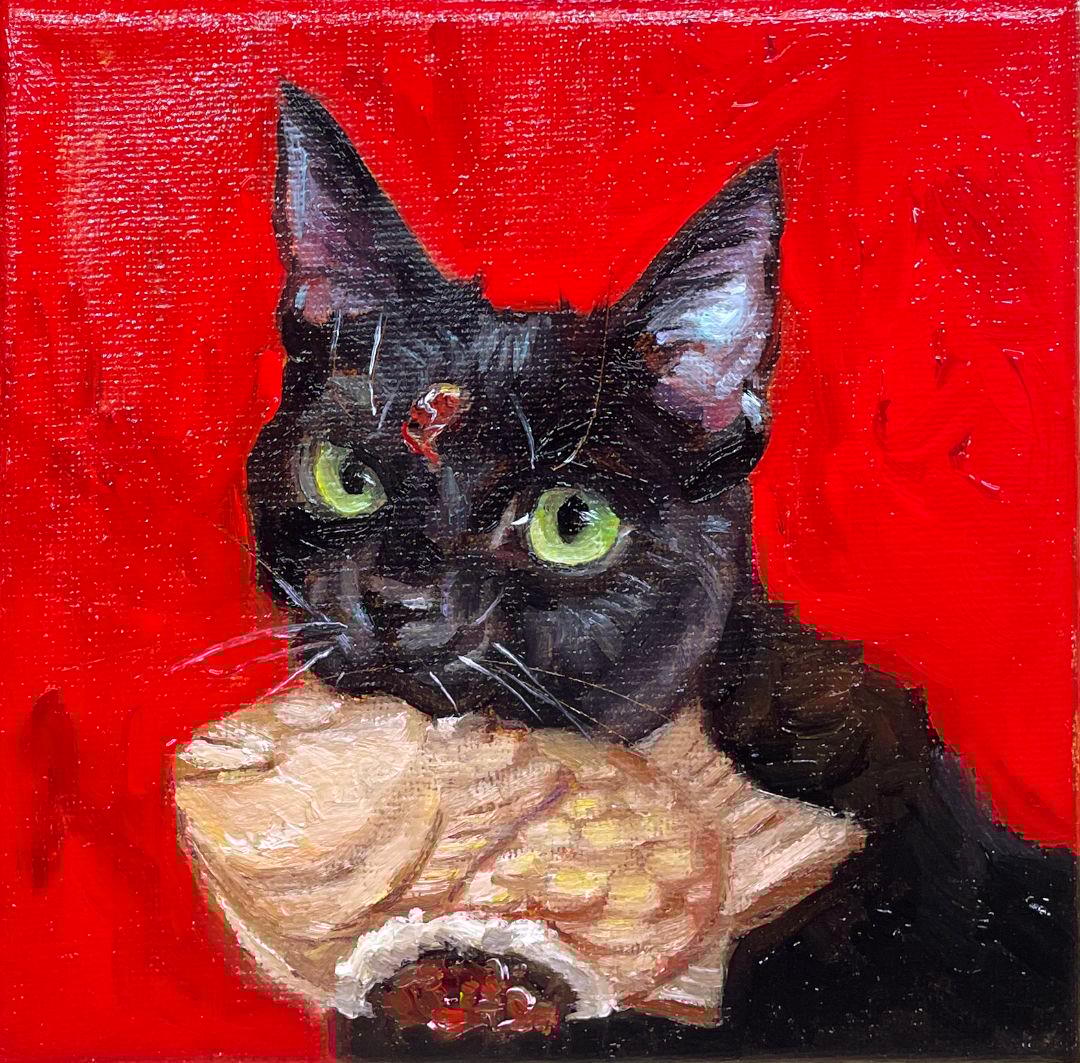 黒猫と鯛焼き　油彩画 絵画　原画　オリジナル　油絵