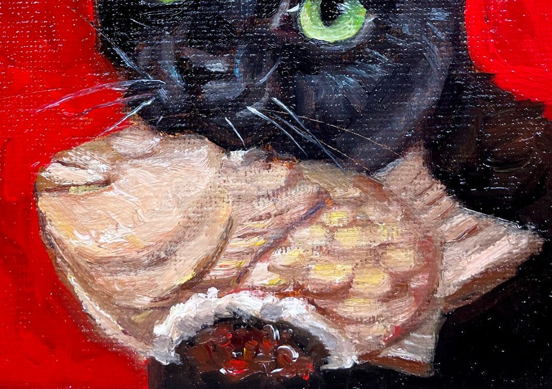 黒猫と鯛焼き　油彩画 絵画　原画　オリジナル　油絵