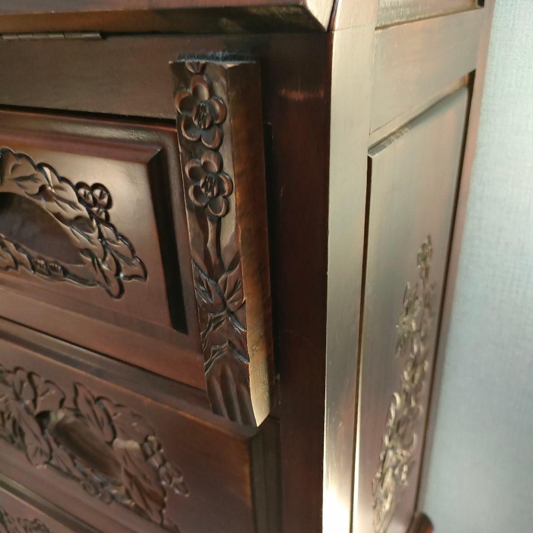 花彫刻 ライティングビューロー デスク アンティーク調アジアン家具