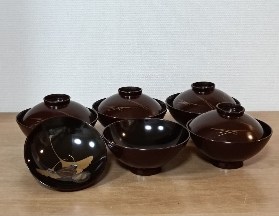 金彩銀杏に胡桃漆椀　5客揃い　汁椀