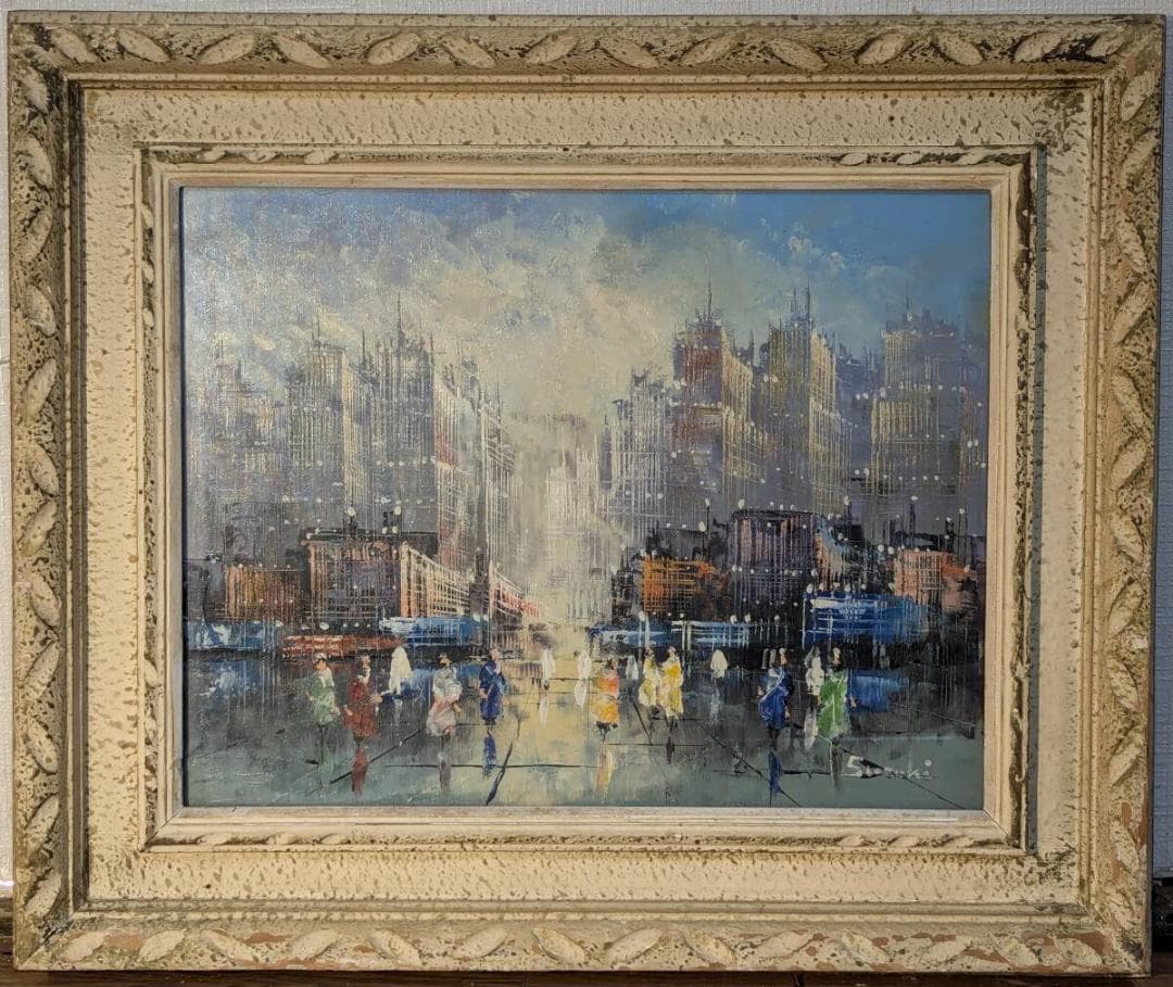 【真作】絵画　油彩6号　街のにぎわい　都市風景　印象派風　都会の情景　W137