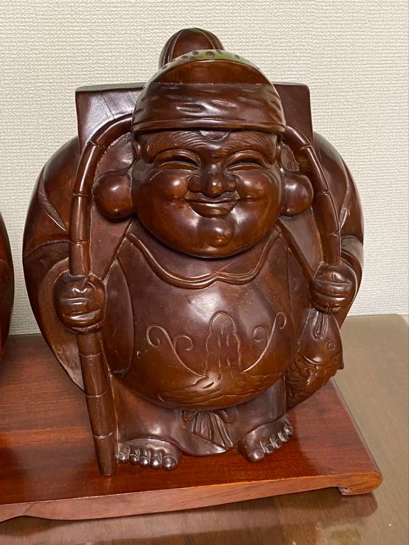 七福神 恵比寿と大黒天木彫 天然木彫刻 置物 開運風水 縁起物 商売繁盛 年代物
