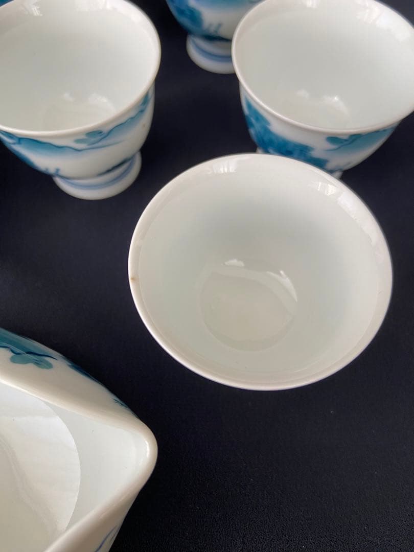 畑萬陶苑 畑萬作 角萬印 染付山水絵 茶器セット 玉露茶器 煎茶器 松山窯