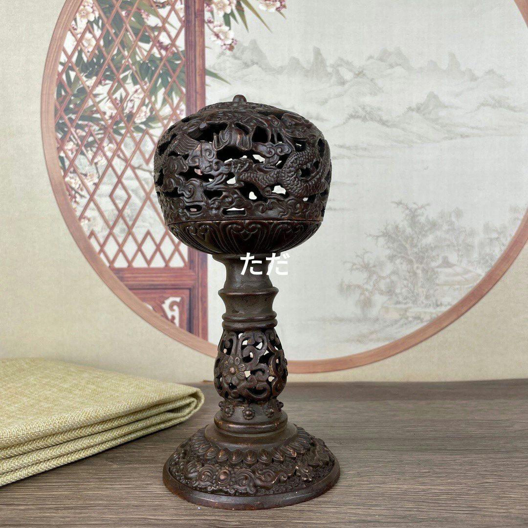 銅 細工 透かし彫り二龍戯珠祥雲盤竜薫る香炉 香道具 装飾品 工芸品 置物