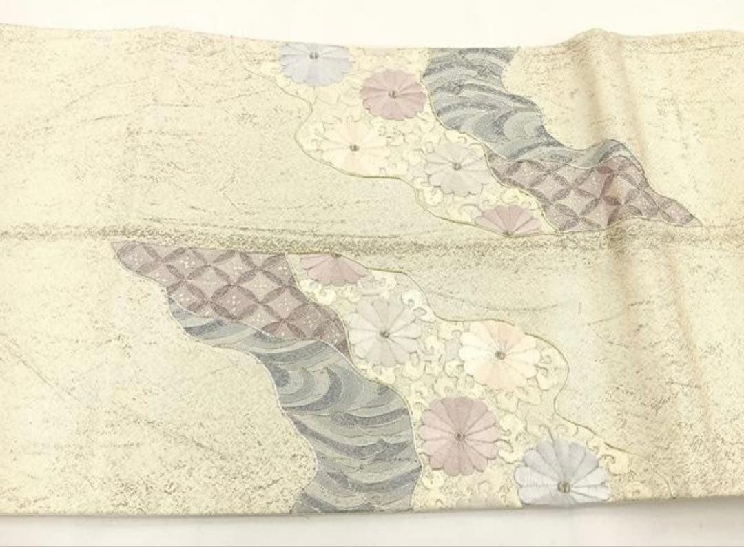 振袖 フルセット５点特価　サイズM正絹　 扇子花文　刺繍西陣袋帯