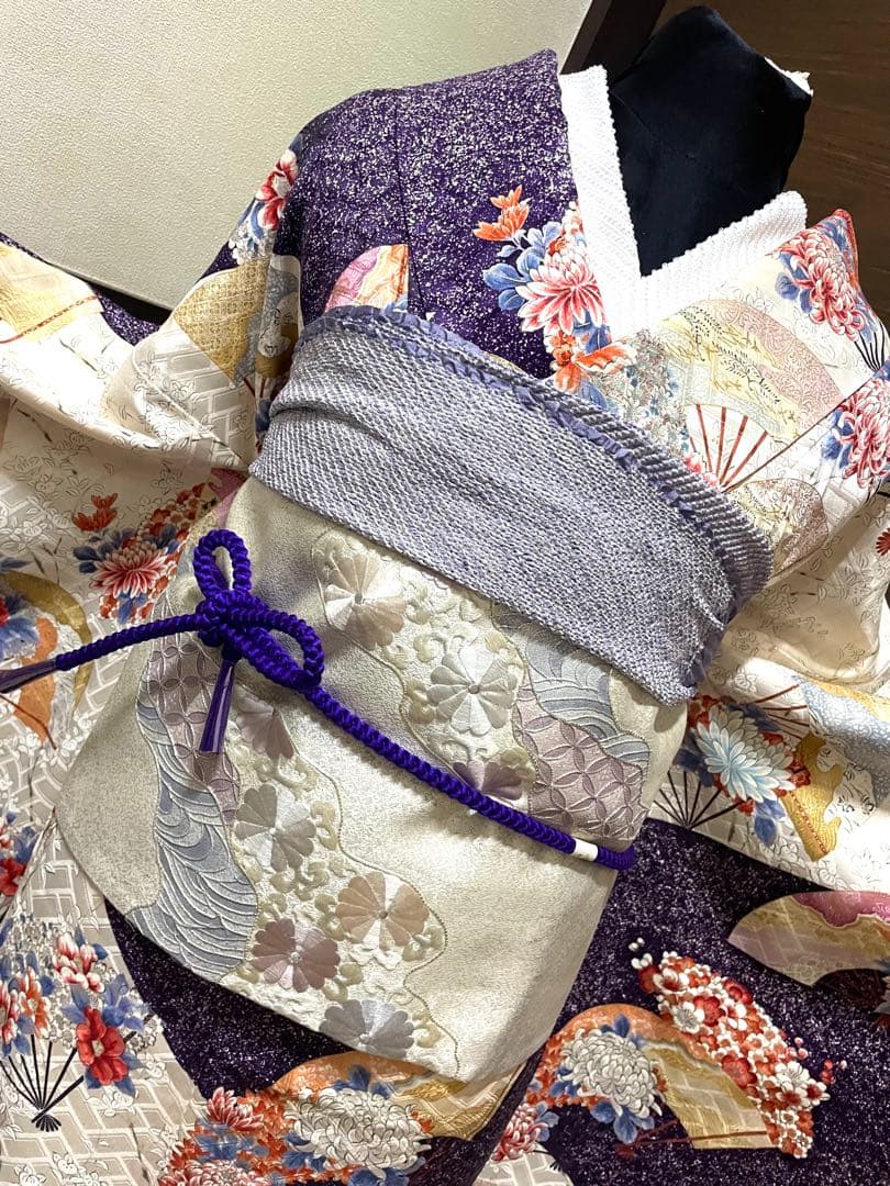 振袖 フルセット５点特価　サイズM正絹　 扇子花文　刺繍西陣袋帯