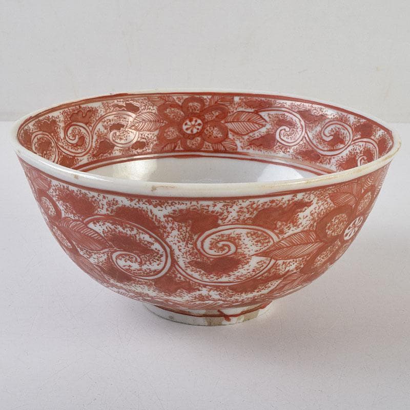 犬山焼　松原惣兵衛作　赤絵師道平絵付　赤絵唐草文　菓子鉢　共箱　V　R9507