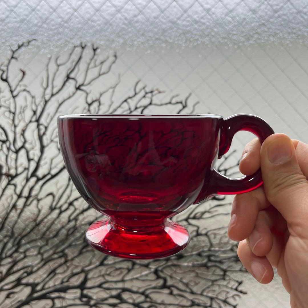 骨董　時代ガラス　希少緋色　朱赤　赤胴　取手付き　アイスクリームコップ　氷コップ