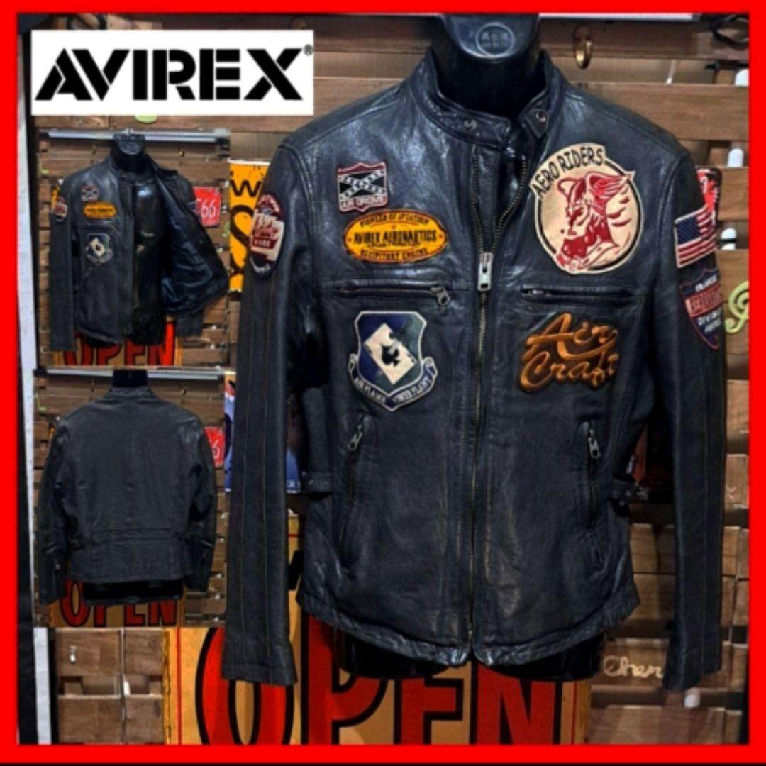 定7万　AVIREX マルチワッペン　ゴートレザー　シングルライダースジャケット