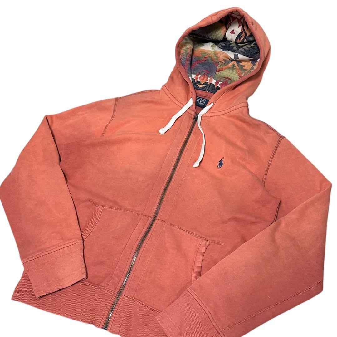 90s ポロ ラルフローレン ネイティブ柄 ジップパーカー サーモンピンク