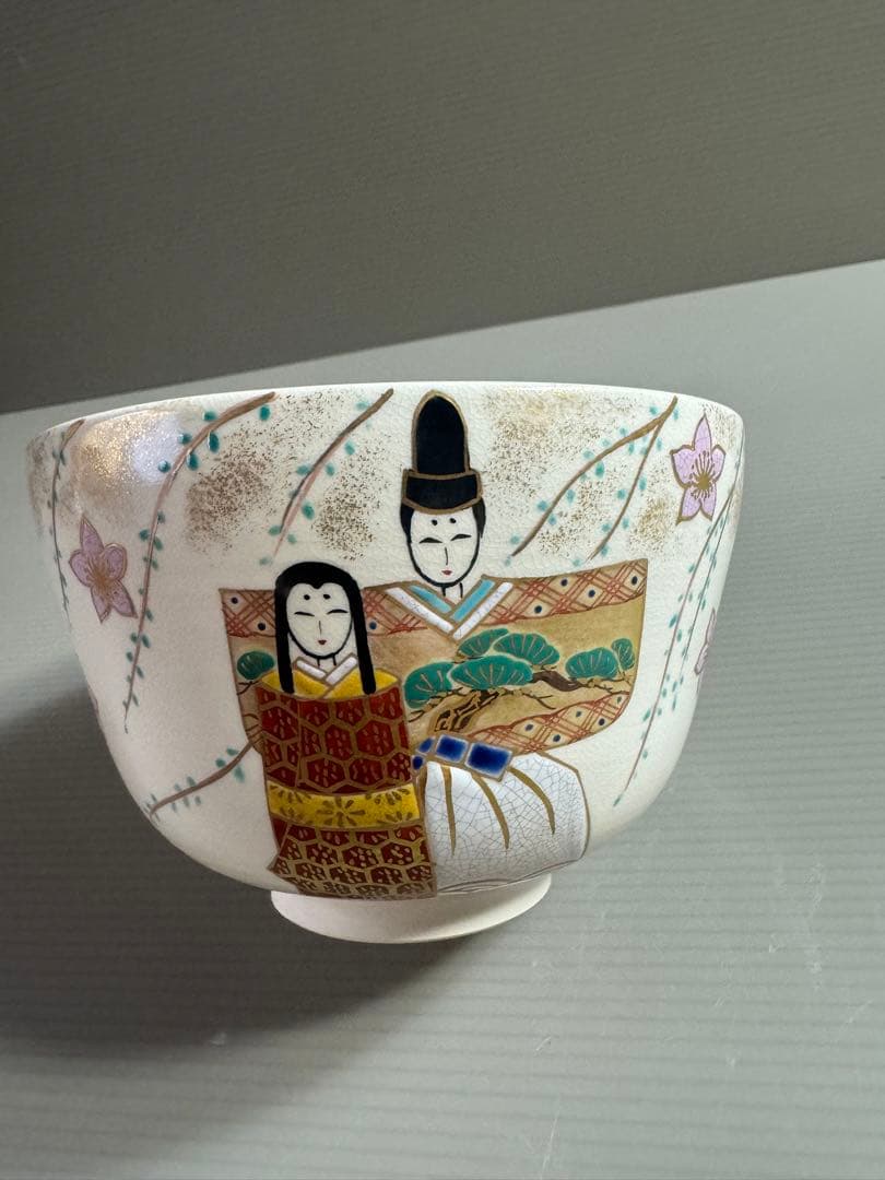 1555 清水焼　平安紫雲　色絵雛人形文　茶碗　未使用