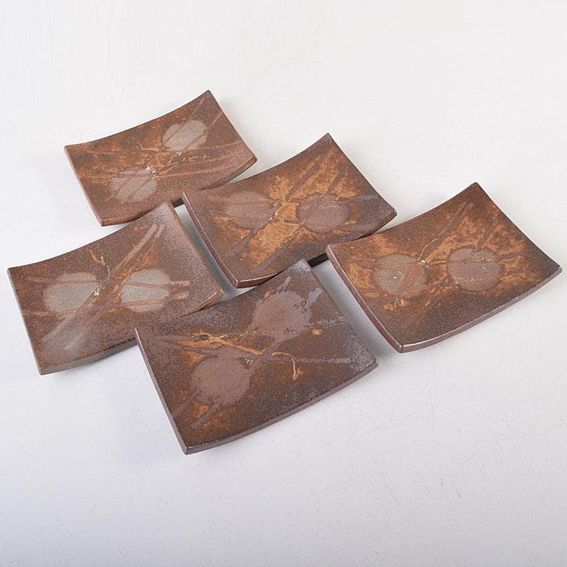 和食器　備前焼　石野充信造　銘々皿　五客　共布共箱　V　R8847