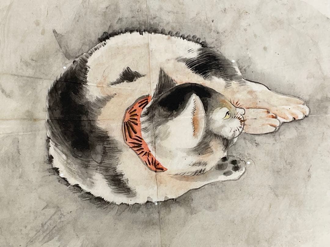 虹外筆　猫と蝶　ネコ　日本画　額入り