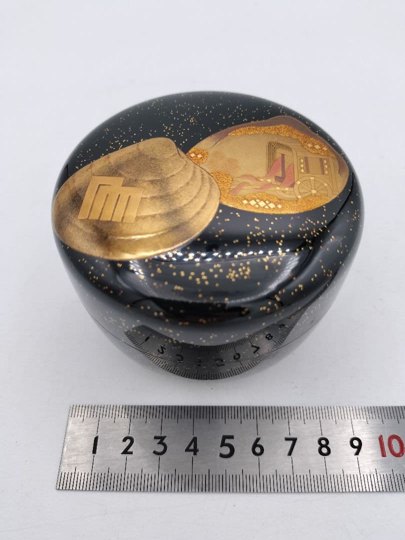 c650 平棗 貝合せ蒔絵 源氏29帖目『行幸』輪島 野井景斉 木箱 茶道 古物