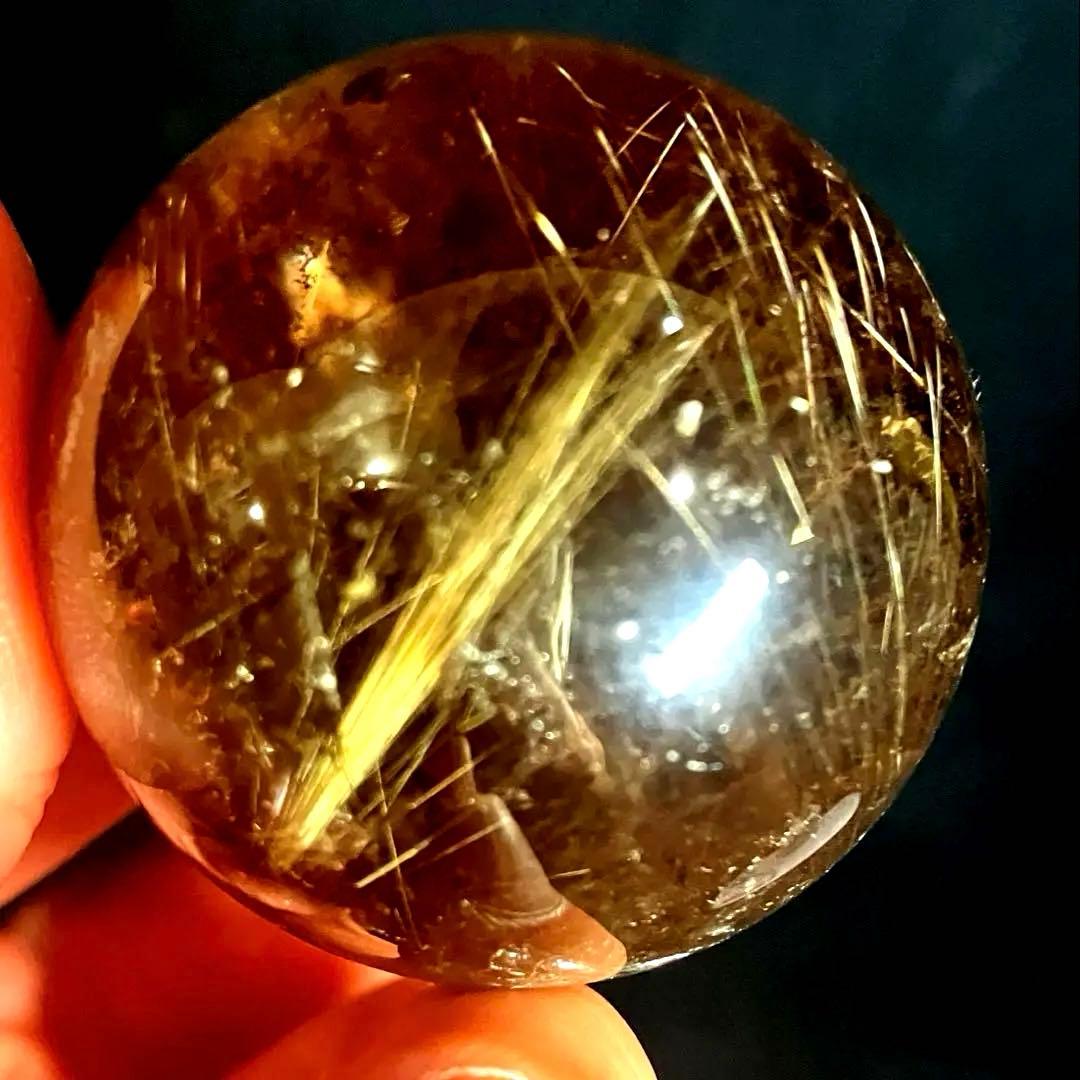 42mm 虹入りゴールドルチルクォーツ　丸玉　スフィア　金針水晶