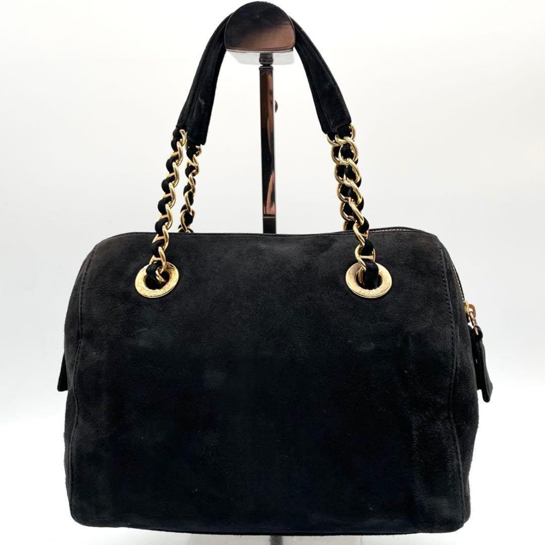 美品✨プラダ ハンドバッグ チェーン スエード 三角ロゴ ゴールド金具 ブラック