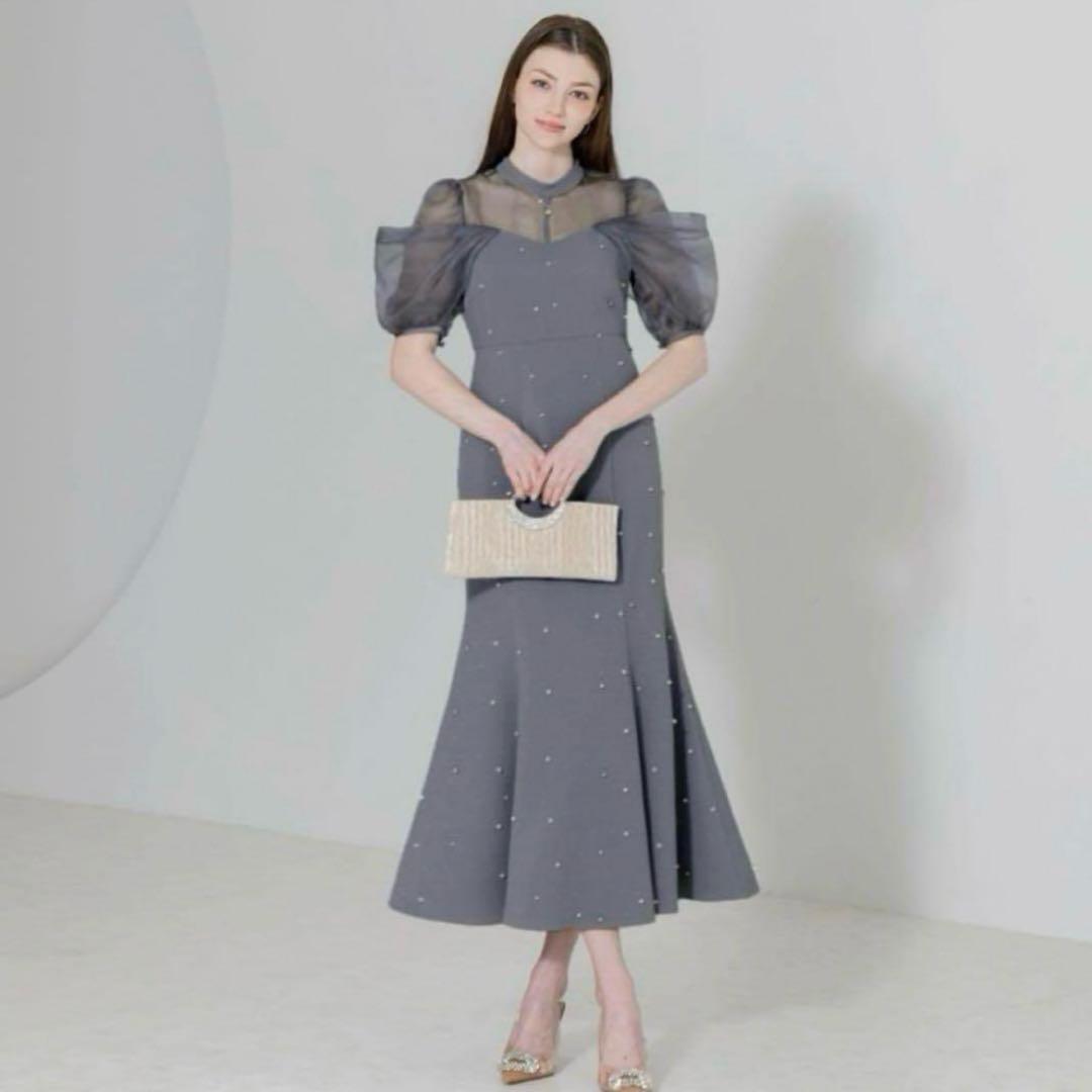 完売商品Leja パールビジューオーガンジーレースマーメイドワンピースドレス S