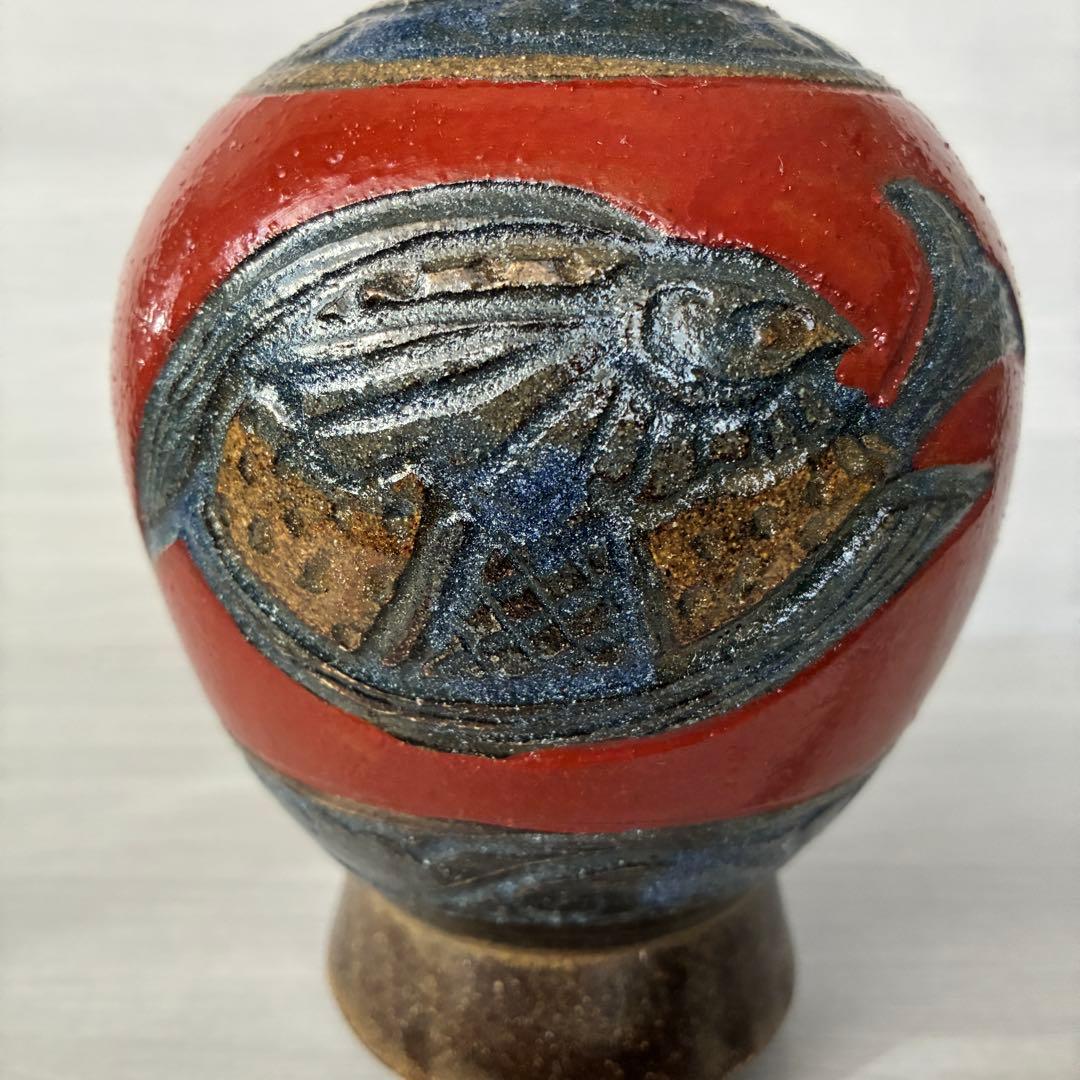 壺屋焼　小橋川清正　赤絵　魚紋　花瓶　沖縄　花器　インテリア　壺　工芸品