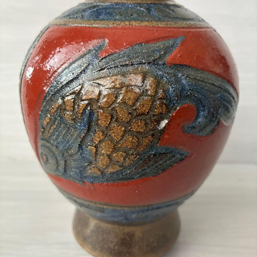 壺屋焼　小橋川清正　赤絵　魚紋　花瓶　沖縄　花器　インテリア　壺　工芸品