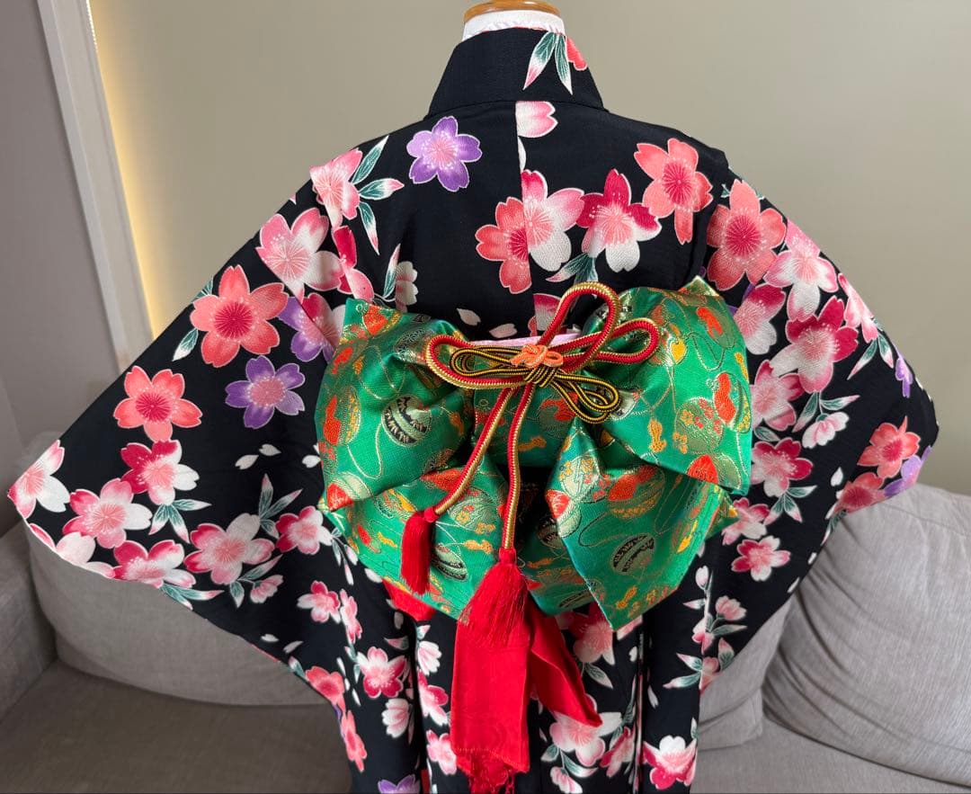 七五三着物帯セット　7歳　黒花柄