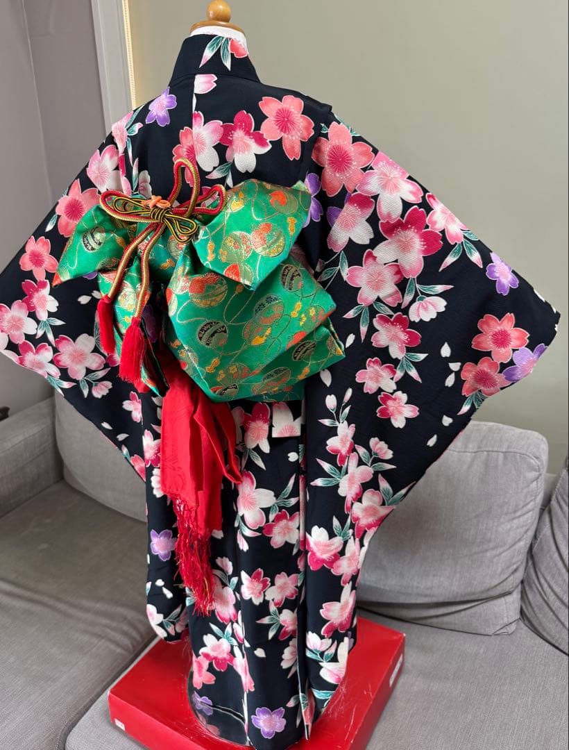 七五三着物帯セット　7歳　黒花柄