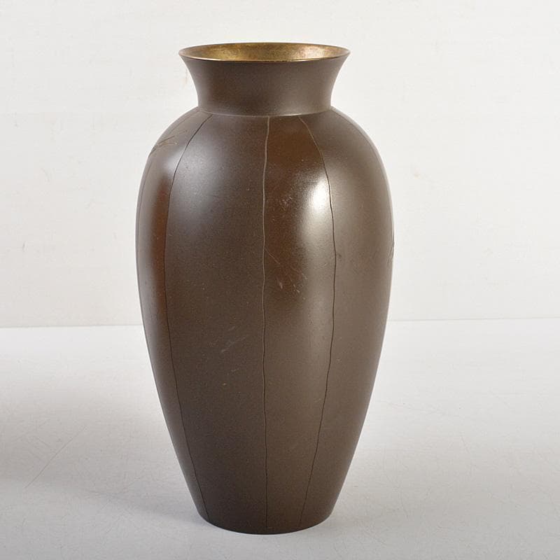 精金堂作　魚彫　宣徳銅花瓶　花入　共箱　V　5985C