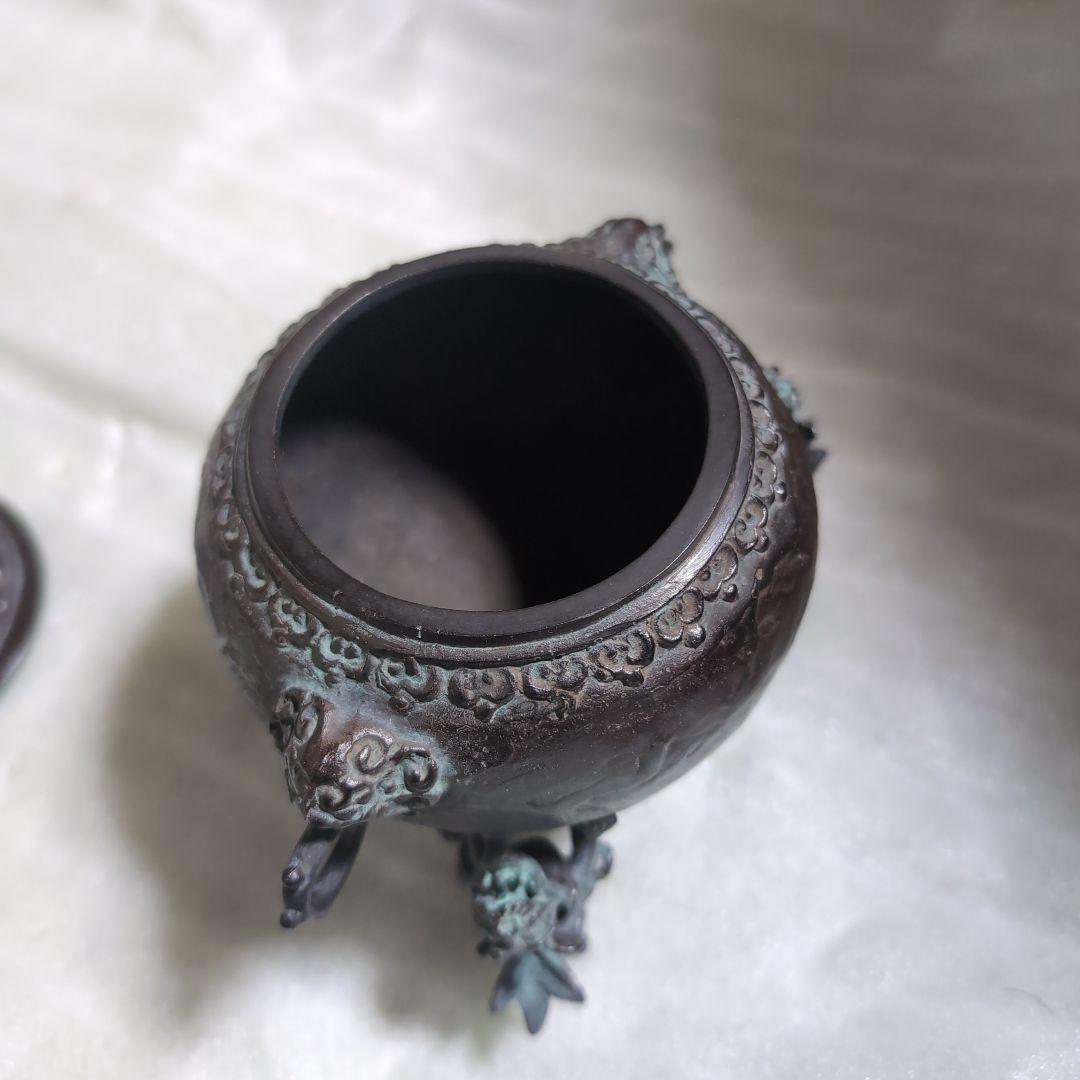 1817 高岡銅器　須賀七郎作　月芳　蝋型鋳銅　三獅子　香炉　時代物