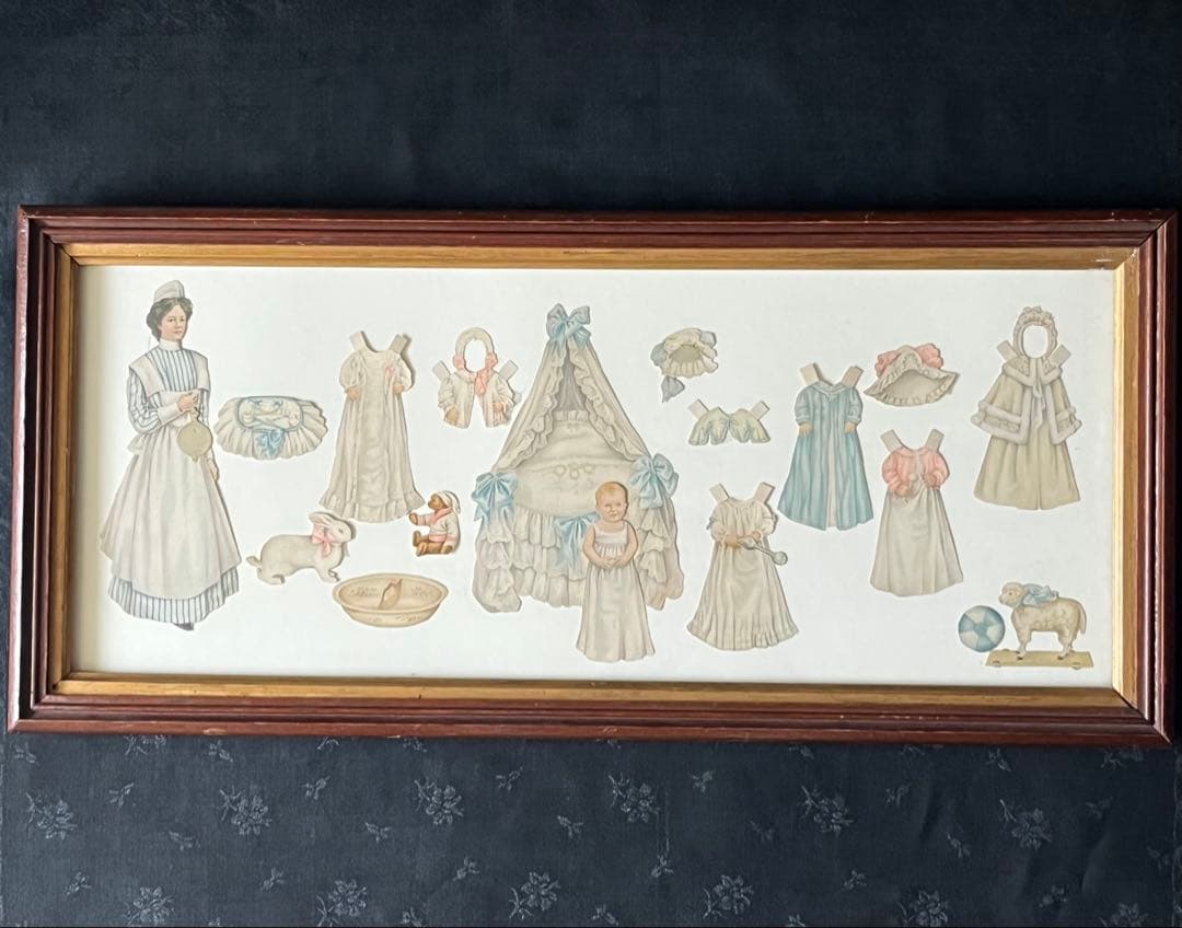 アンティークヴィクトリアンガラスフレーム壁掛け額装飾ペーパードール紙もの