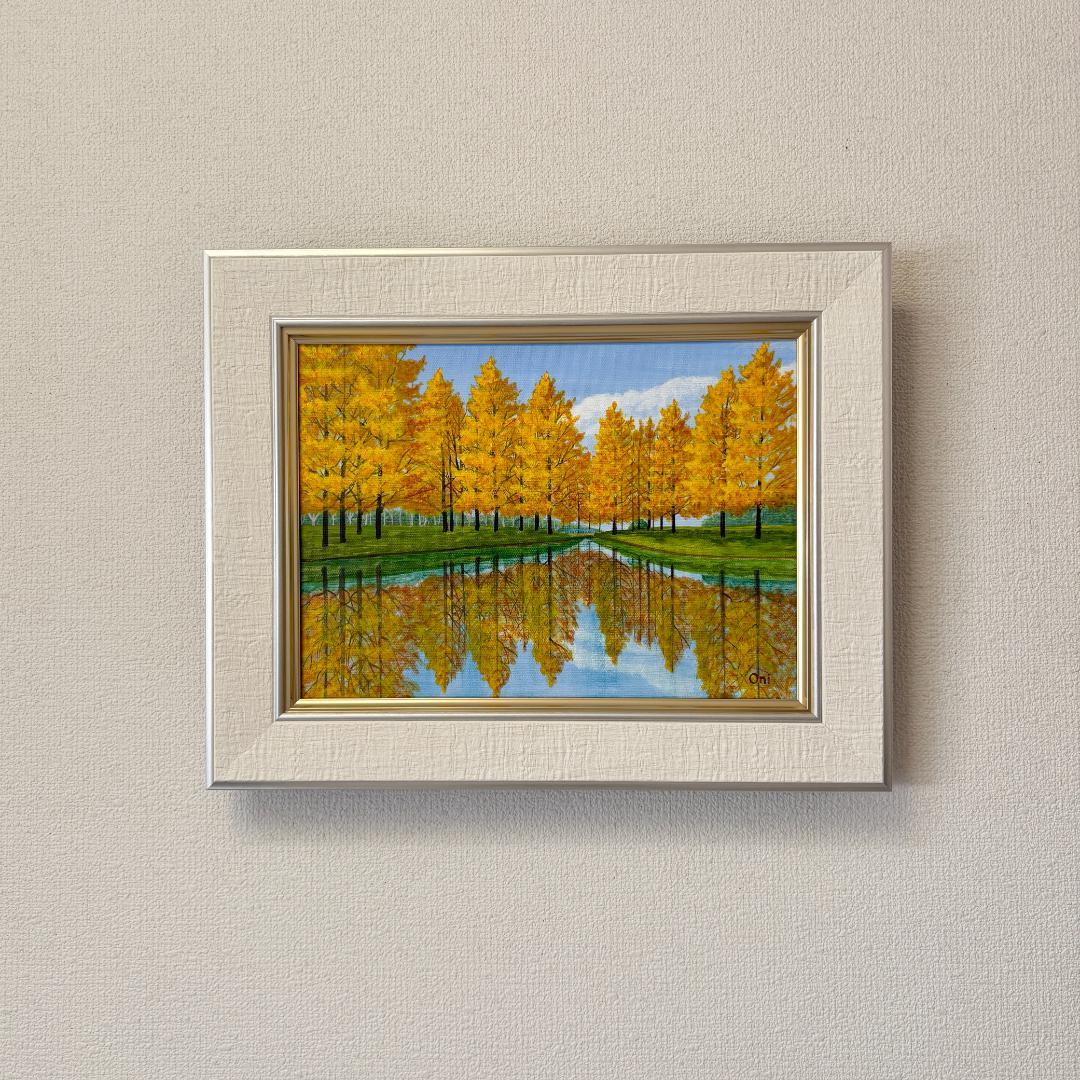 アクリル画　原画　「オータムパーク02」額縁付き　F4サイズ　風景画