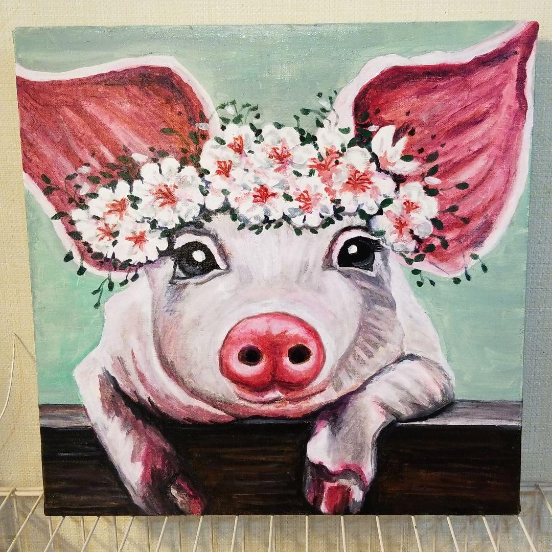 油絵　専用　頭に花をのせた豚