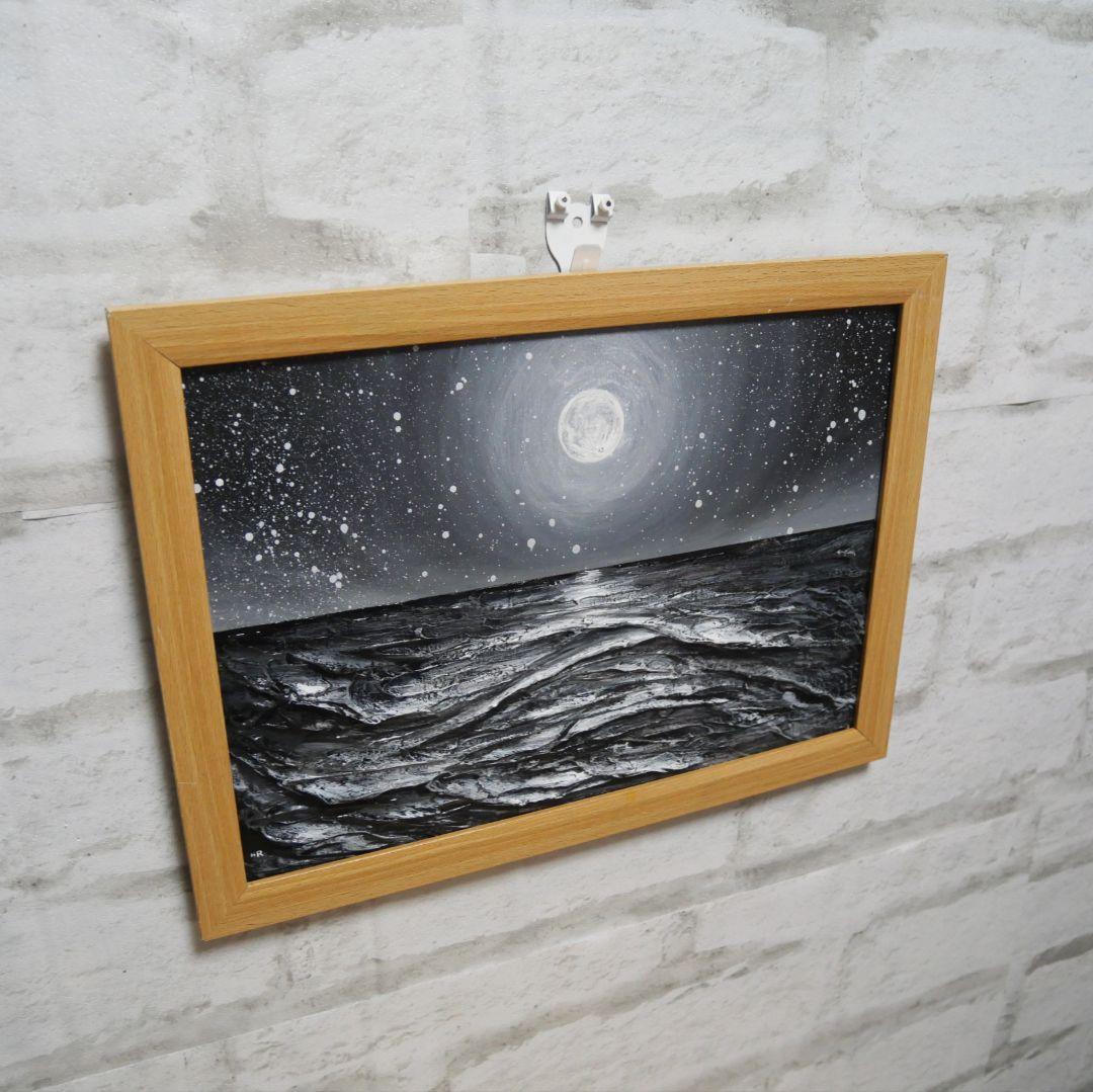 油絵 油彩 油彩画 絵 絵画 【白黒の満月と星空の海】