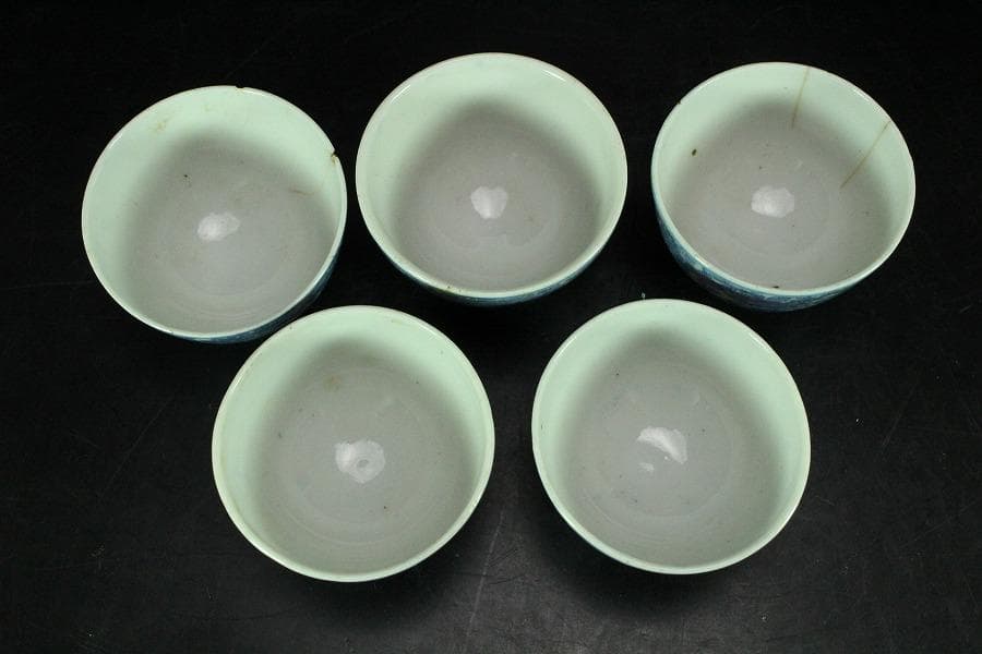 煎茶 染付 碗 五件 時代物(K-LC763)
