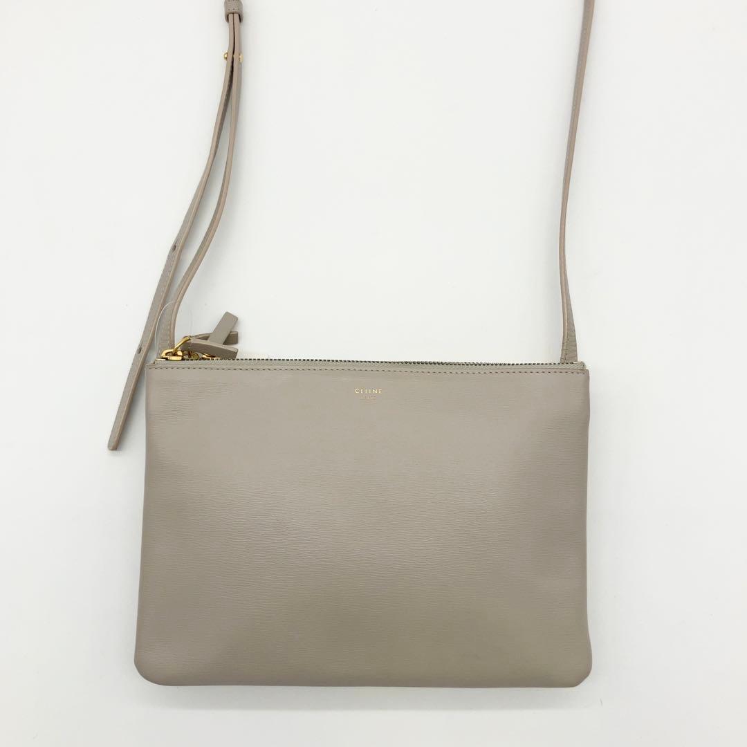 CELINE トリオ ラージ レザー ショルダーバッグ ライドグレー