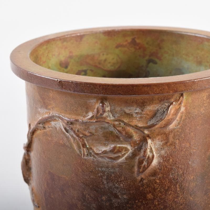 高岡銅器　三好三治造　蝋型鋳銅　花草文香炉　共布共箱　V　6971