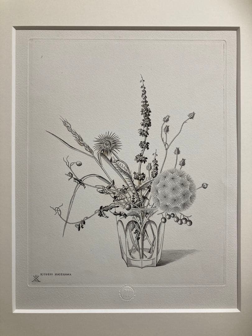 【真作保証】長谷川潔「コップに挿した野花」銅版画 額装 版画 絵画