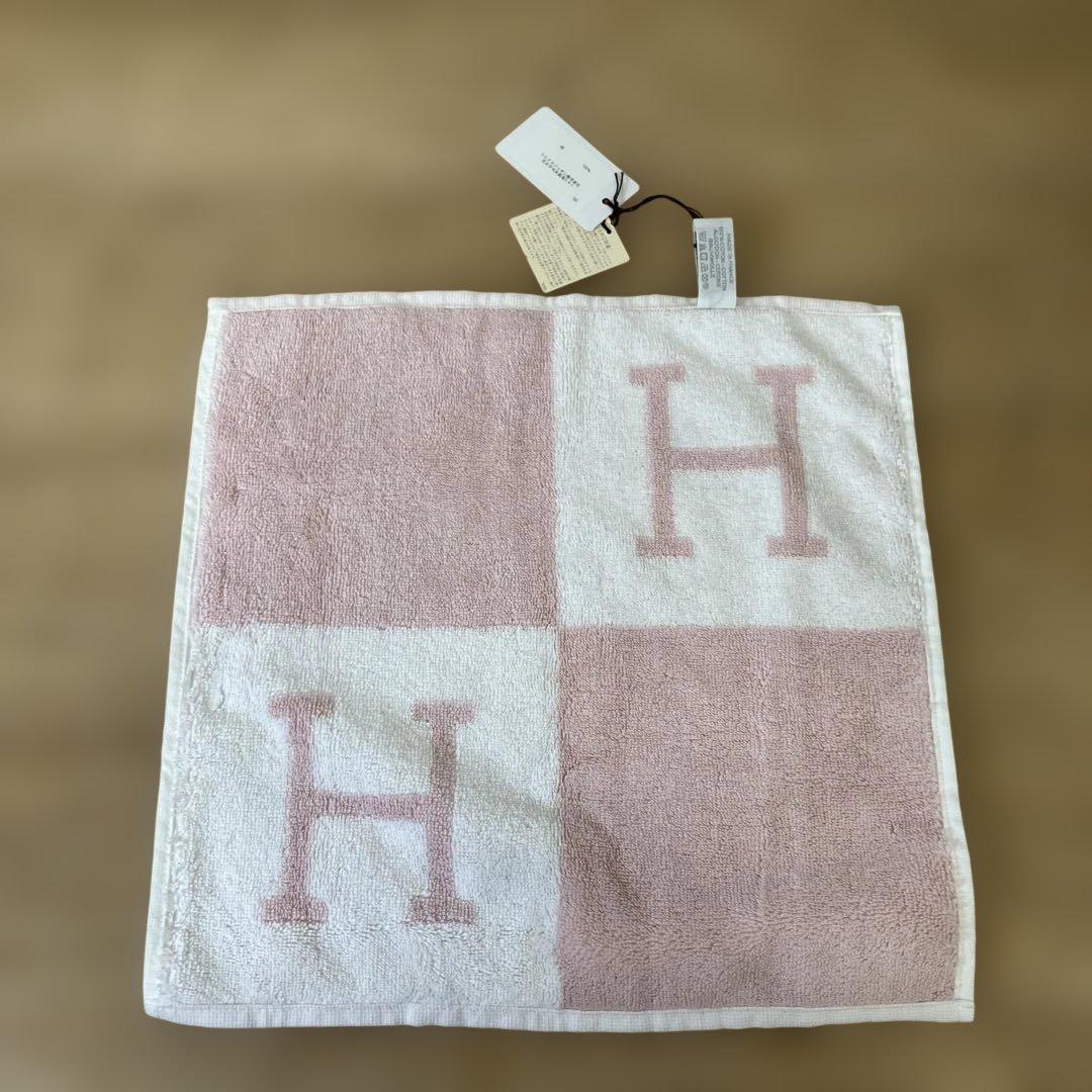 HERMES エルメス alalon アヴァロン Hロゴ タオルハンカチ ピンク