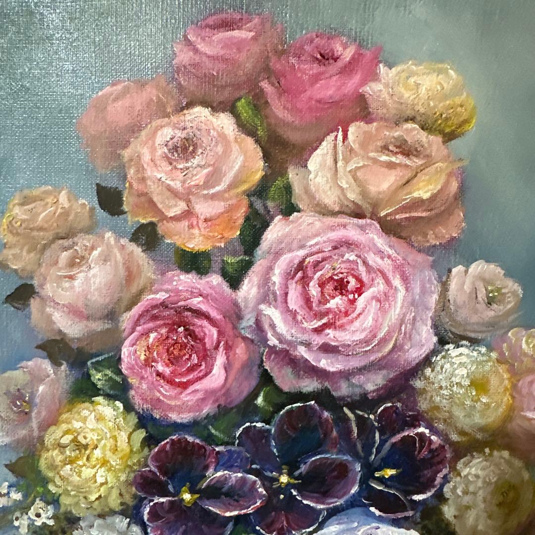 薔薇　中島敏春　油彩　静物画　肉筆　絵画　美術品　インテリア　額縁