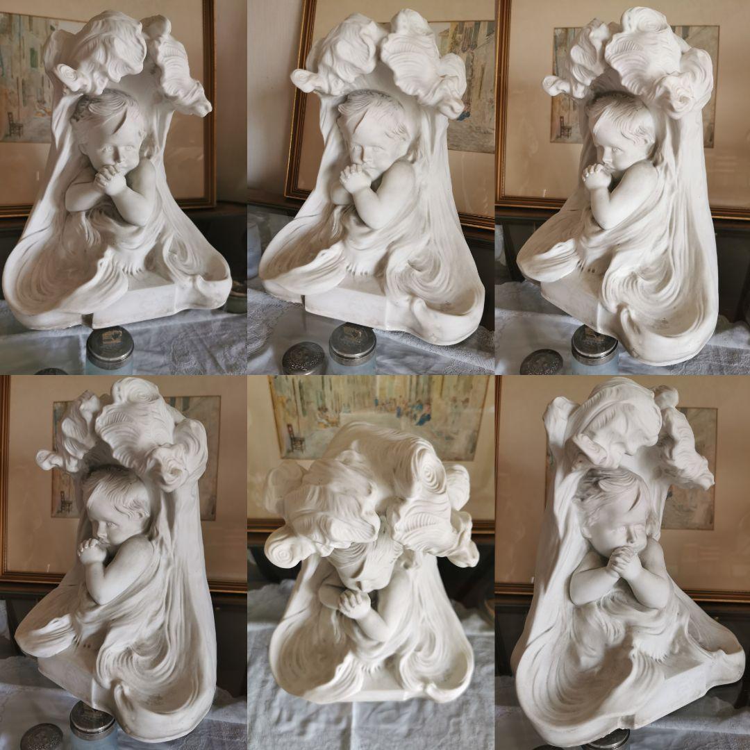 アンティークフランス 大型素焼きビスク彫像塑像 少年の祈り 作家物サイン刻印