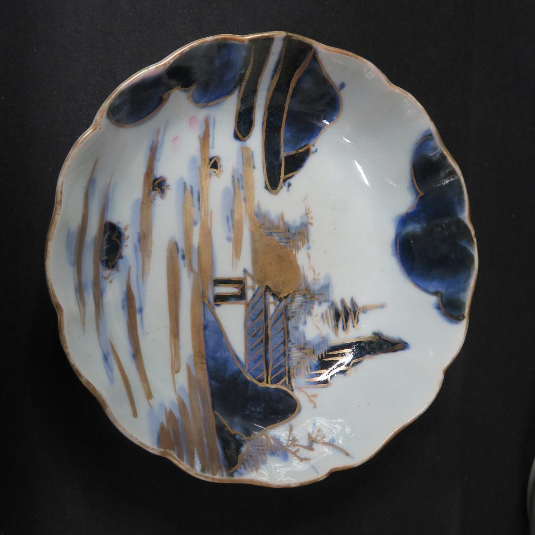 なます皿 山水 金彩 染付 江戸時代 蛇の目高台 夜景 夜図 窯傷