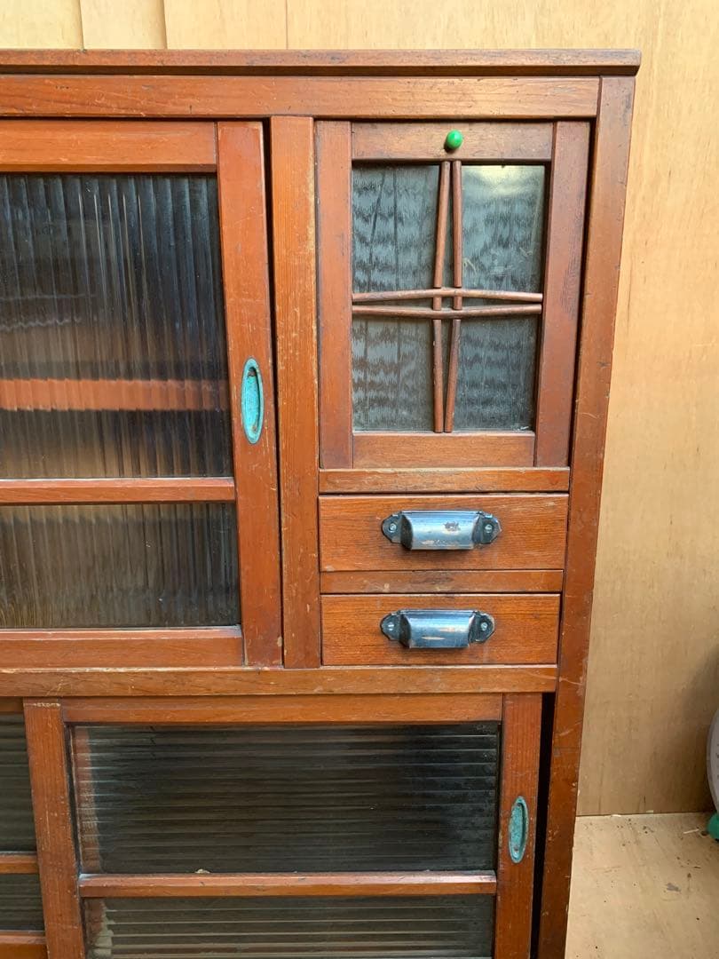古い木全面モールガラス　収納陳列棚引き出し4杯　レトロ昭和ガラス古家具